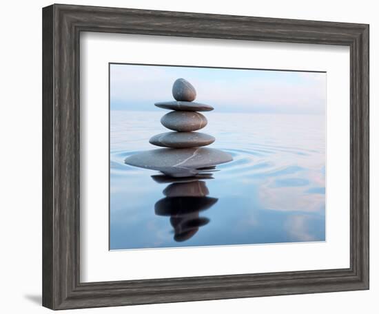 3D Rendering of Zen Stones in Water with Reflection - Peace Balance Meditation Relaxation Concept-f9photos-Framed Photographic Print