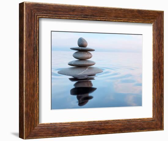 3D Rendering of Zen Stones in Water with Reflection - Peace Balance Meditation Relaxation Concept-f9photos-Framed Photographic Print