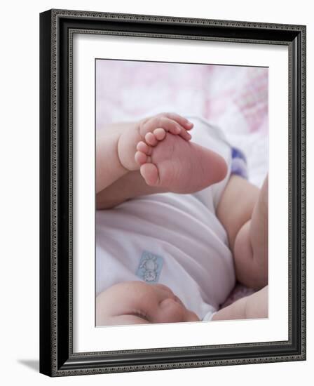 4 Month Old Baby Girl Holding Her Foot-Amanda Hall-Framed Photographic Print