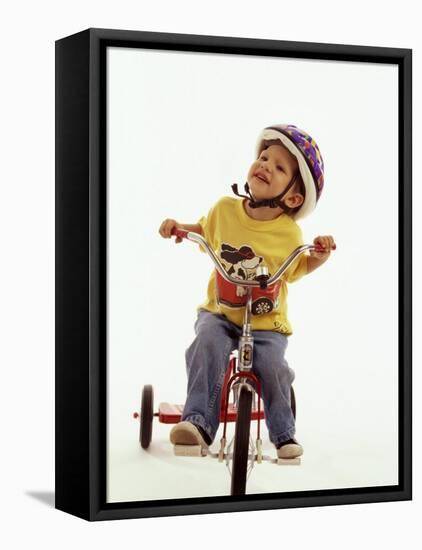 4 Year Old Boy Posing on His Tricycle, New York, New York, USA-Paul Sutton-Framed Premier Image Canvas