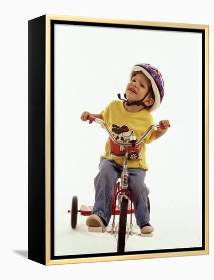 4 Year Old Boy Posing on His Tricycle, New York, New York, USA-Paul Sutton-Framed Premier Image Canvas