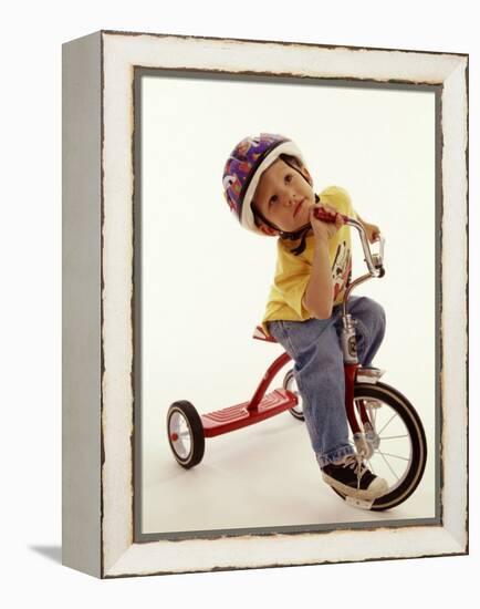 4 Year Old Boy Posing on His Tricycle, New York, New York, USA-Paul Sutton-Framed Premier Image Canvas