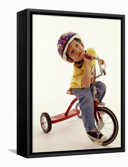 4 Year Old Boy Posing on His Tricycle, New York, New York, USA-Paul Sutton-Framed Premier Image Canvas