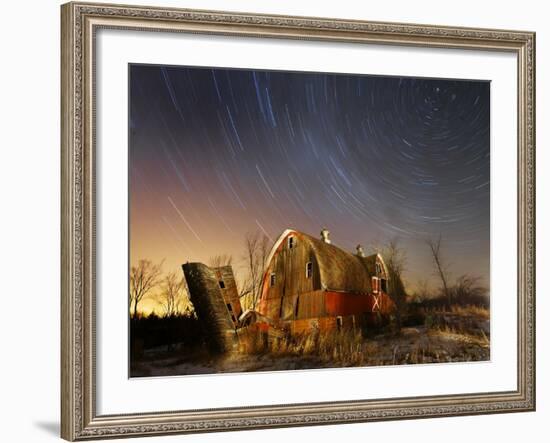 45-Minute Exposure for Circular Star Tracks over This Run-Down Barn Near Iron River, Wisconsin-null-Framed Photographic Print