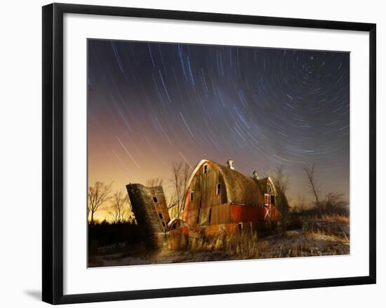 45-Minute Exposure for Circular Star Tracks over This Run-Down Barn Near Iron River, Wisconsin-null-Framed Photographic Print
