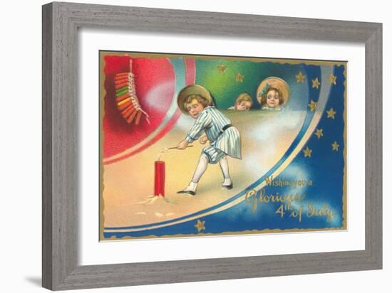 4th of July, Anxious Boy Lighting Rocket-null-Framed Art Print