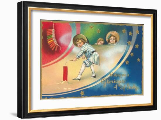 4th of July, Anxious Boy Lighting Rocket-null-Framed Art Print