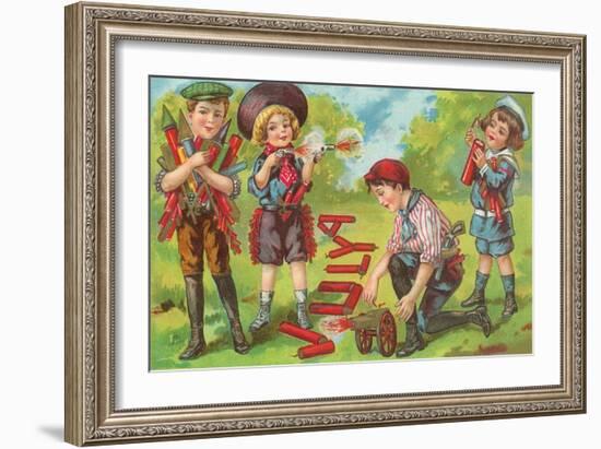 4th of July, Children with Fireworks-null-Framed Art Print