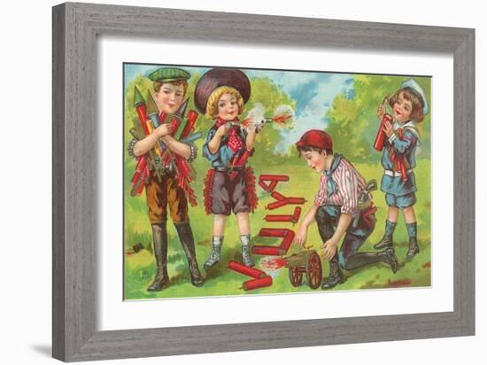 4th of July, Children with Fireworks-null-Framed Art Print