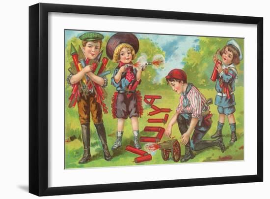 4th of July, Children with Fireworks-null-Framed Art Print