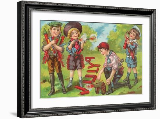 4th of July, Children with Fireworks-null-Framed Art Print