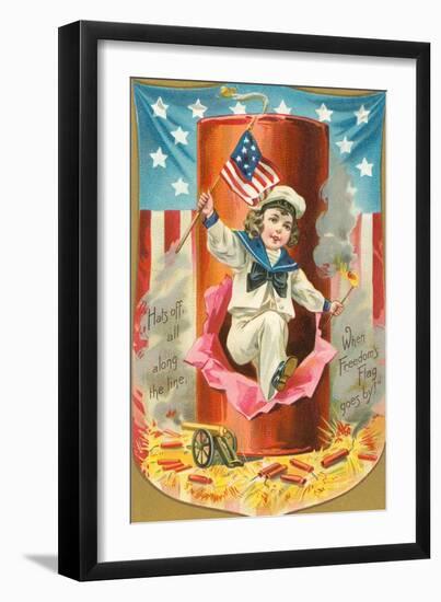 4th of July, Sailor Boy Jumping out of Rocket-null-Framed Art Print