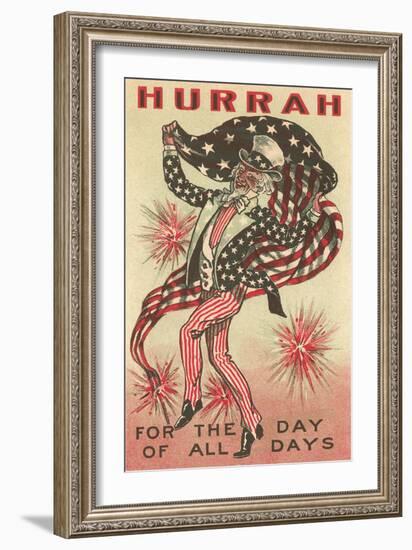 4th of July, Uncle Sam Trotting with Flag-null-Framed Art Print