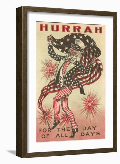 4th of July, Uncle Sam Trotting with Flag-null-Framed Art Print