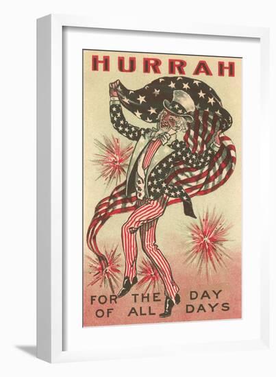 4th of July, Uncle Sam Trotting with Flag-null-Framed Art Print