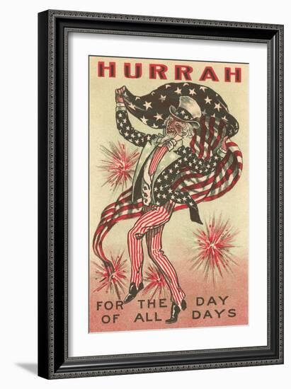 4th of July, Uncle Sam Trotting with Flag-null-Framed Art Print