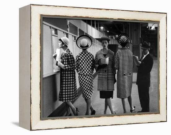 5 Models Wearing Fashionable Dress Suits at a Race Track Betting Window, at Roosevelt Raceway-Nina Leen-Framed Premier Image Canvas