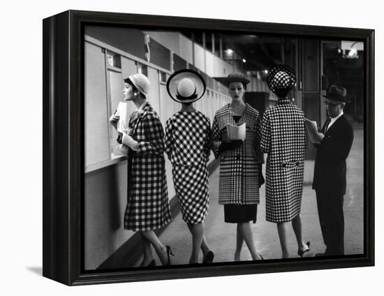 5 Models Wearing Fashionable Dress Suits at a Race Track Betting Window, at Roosevelt Raceway-Nina Leen-Framed Premier Image Canvas