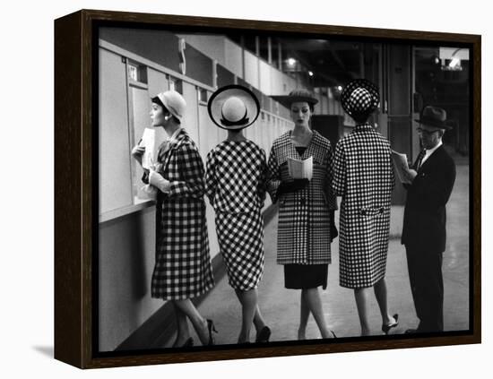 5 Models Wearing Fashionable Dress Suits at a Race Track Betting Window, at Roosevelt Raceway-Nina Leen-Framed Premier Image Canvas