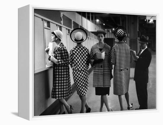 5 Models Wearing Fashionable Dress Suits at a Race Track Betting Window, at Roosevelt Raceway-Nina Leen-Framed Premier Image Canvas