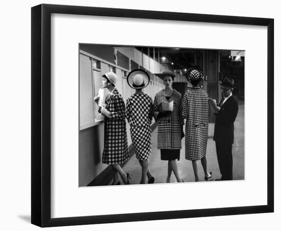 5 Models Wearing Fashionable Dress Suits at a Race Track Betting Window, at Roosevelt Raceway-Nina Leen-Framed Premium Photographic Print