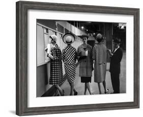 5 Models Wearing Fashionable Dress Suits at a Race Track Betting Window, at Roosevelt Raceway-Nina Leen-Framed Photographic Print