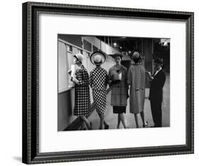 5 Models Wearing Fashionable Dress Suits at a Race Track Betting Window, at Roosevelt Raceway-Nina Leen-Framed Photographic Print