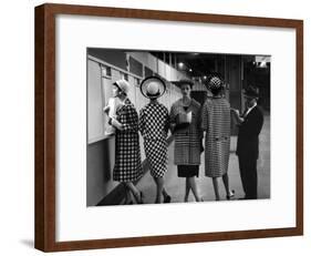 5 Models Wearing Fashionable Dress Suits at a Race Track Betting Window, at Roosevelt Raceway-Nina Leen-Framed Photographic Print