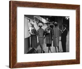 5 Models Wearing Fashionable Dress Suits at a Race Track Betting Window, at Roosevelt Raceway-Nina Leen-Framed Photographic Print