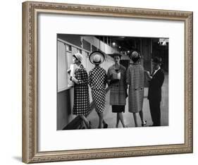 5 Models Wearing Fashionable Dress Suits at a Race Track Betting Window, at Roosevelt Raceway-Nina Leen-Framed Photographic Print