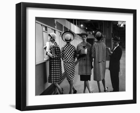 5 Models Wearing Fashionable Dress Suits at a Race Track Betting Window, at Roosevelt Raceway-Nina Leen-Framed Photographic Print