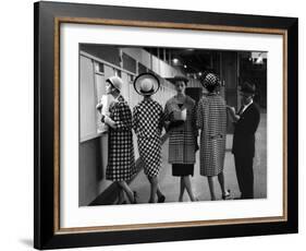 5 Models Wearing Fashionable Dress Suits at a Race Track Betting Window, at Roosevelt Raceway-Nina Leen-Framed Photographic Print