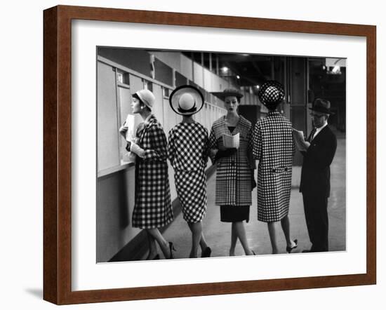 5 Models Wearing Fashionable Dress Suits at a Race Track Betting Window, at Roosevelt Raceway-Nina Leen-Framed Photographic Print