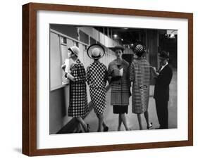 5 Models Wearing Fashionable Dress Suits at a Race Track Betting Window, at Roosevelt Raceway-Nina Leen-Framed Photographic Print