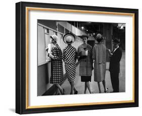 5 Models Wearing Fashionable Dress Suits at a Race Track Betting Window, at Roosevelt Raceway-Nina Leen-Framed Photographic Print