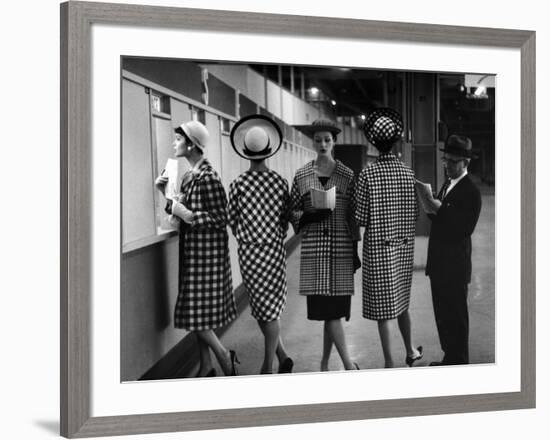 5 Models Wearing Fashionable Dress Suits at a Race Track Betting Window, at Roosevelt Raceway-Nina Leen-Framed Photographic Print