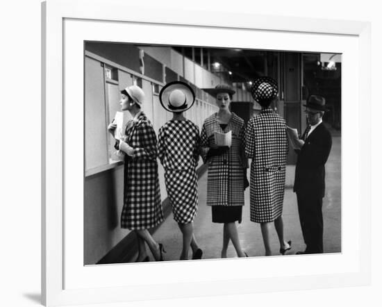 5 Models Wearing Fashionable Dress Suits at a Race Track Betting Window, at Roosevelt Raceway-Nina Leen-Framed Photographic Print