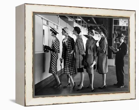 5 Models Wearing Fashionable Dress Suits at a Race Track Betting Window, at Roosevelt Raceway-Nina Leen-Framed Premier Image Canvas