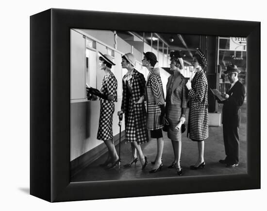 5 Models Wearing Fashionable Dress Suits at a Race Track Betting Window, at Roosevelt Raceway-Nina Leen-Framed Premier Image Canvas