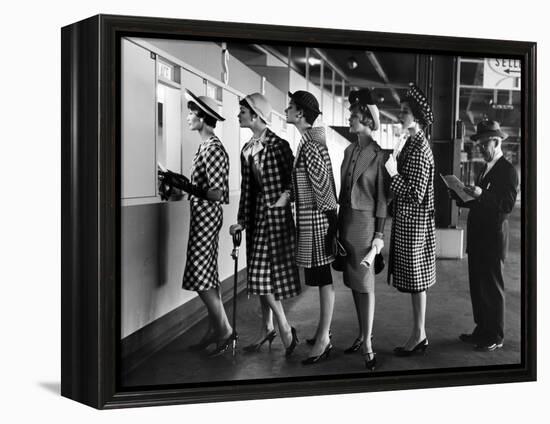 5 Models Wearing Fashionable Dress Suits at a Race Track Betting Window, at Roosevelt Raceway-Nina Leen-Framed Premier Image Canvas