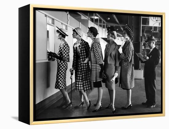 5 Models Wearing Fashionable Dress Suits at a Race Track Betting Window, at Roosevelt Raceway-Nina Leen-Framed Premier Image Canvas