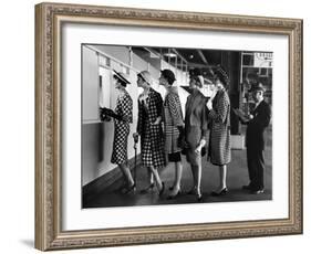 5 Models Wearing Fashionable Dress Suits at a Race Track Betting Window, at Roosevelt Raceway-Nina Leen-Framed Photographic Print