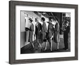 5 Models Wearing Fashionable Dress Suits at a Race Track Betting Window, at Roosevelt Raceway-Nina Leen-Framed Photographic Print