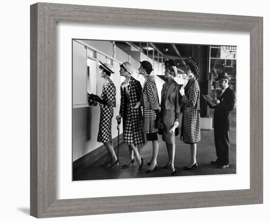 5 Models Wearing Fashionable Dress Suits at a Race Track Betting Window, at Roosevelt Raceway-Nina Leen-Framed Photographic Print