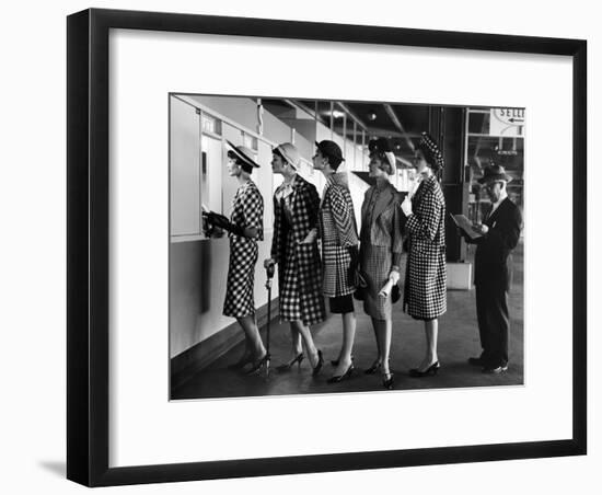 5 Models Wearing Fashionable Dress Suits at a Race Track Betting Window, at Roosevelt Raceway-Nina Leen-Framed Photographic Print