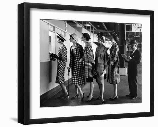 5 Models Wearing Fashionable Dress Suits at a Race Track Betting Window, at Roosevelt Raceway-Nina Leen-Framed Photographic Print