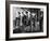 5 Models Wearing Fashionable Dress Suits at a Race Track Betting Window, at Roosevelt Raceway-Nina Leen-Framed Photographic Print