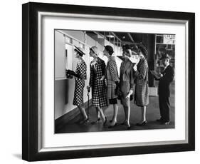 5 Models Wearing Fashionable Dress Suits at a Race Track Betting Window, at Roosevelt Raceway-Nina Leen-Framed Photographic Print