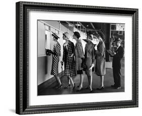 5 Models Wearing Fashionable Dress Suits at a Race Track Betting Window, at Roosevelt Raceway-Nina Leen-Framed Photographic Print