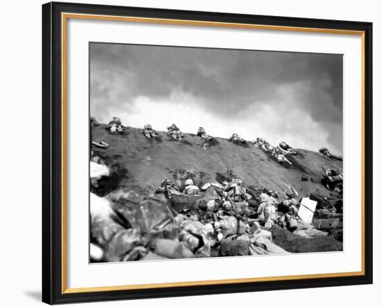5th Division Marines Crawl Up a Slope on Red Beach No. 1 Toward Mt. Suribachi on Iwo Jima-null-Framed Photo